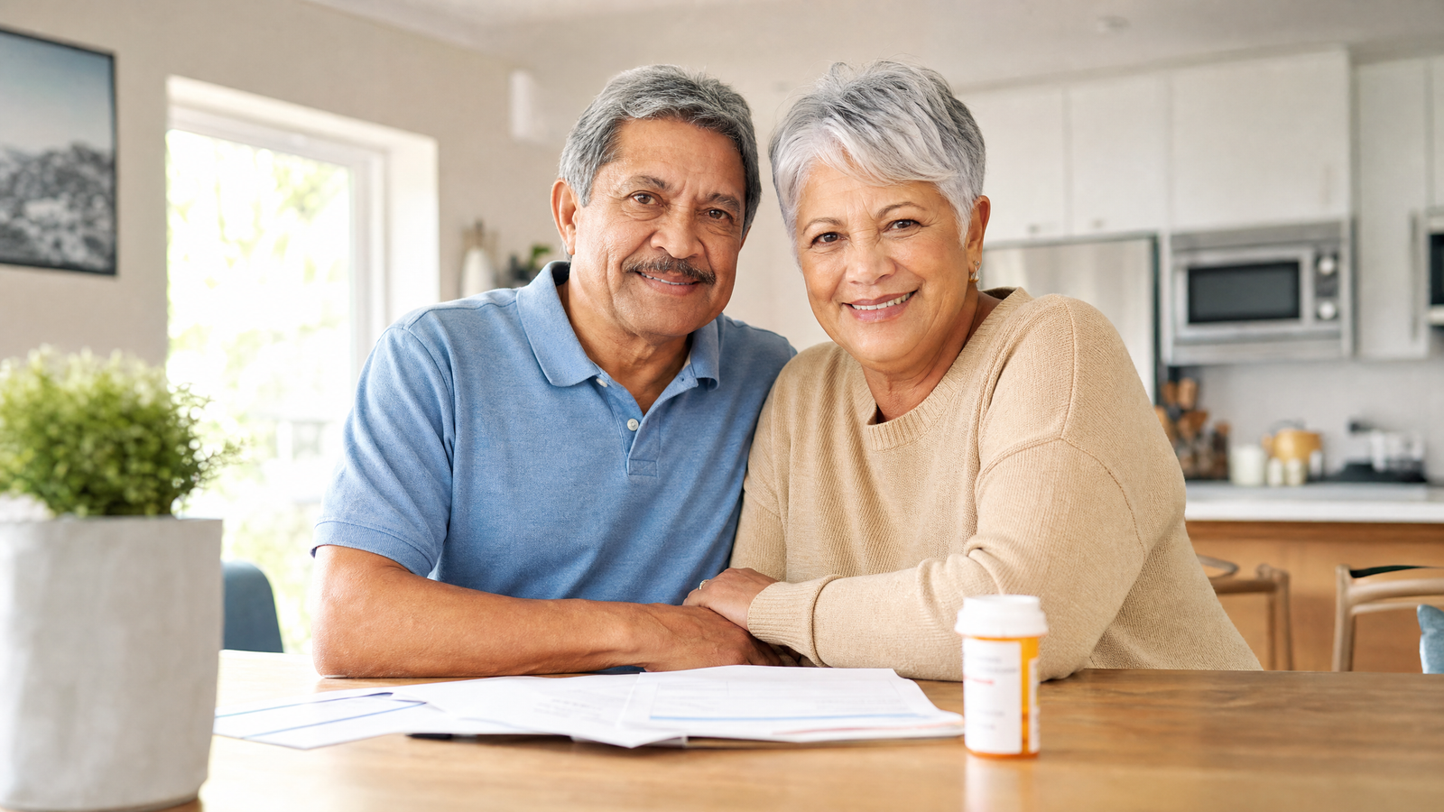 Casal sênior brasileiro sorrindo com documentos de saúde - Medicare GLP-1